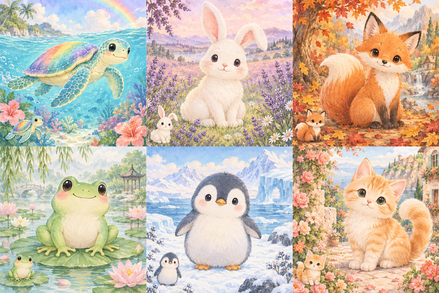 Six Pet Mahjong companion worlds: turtle, bunny, fox, frog, penguin and kitten